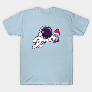 Cute Astronaut Floating With Rocket Toy Cartoon T-Shirt